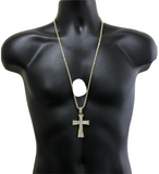 Mens Iced CZ 2.5" Cross Pendant 14k Gold Plated 24" Rope Chain Hip Hop Necklace