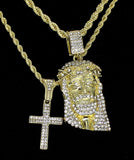 14k Gold Plated 2 pc CZ Jesus & Cross 20" 24" Rope Chain Set Mens Womens Hip Hop