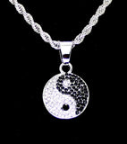 Mini Icy Ying Yang Rhinestone Pendant Silver Plated 24" Rope Hip Hop Necklace