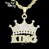 Iced Crown Cubic Zirconia King Pendant 24" Rope Chain 14k Gold Plated Hip Hop