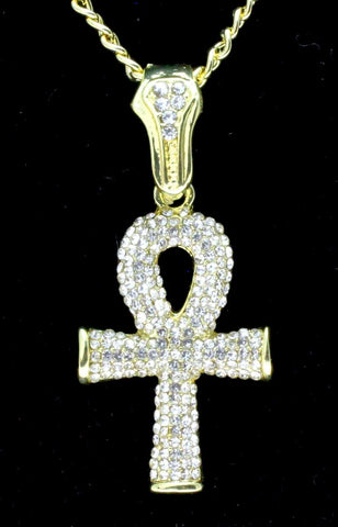 Icy Ankh CZ Pendant 14k Gold Plated w/ 24" Rope Chain Hip Hop Necklace