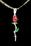 Rose Flower Cubic Zirconia Pendant 20" Figaro Necklace 14k Gold Plated Jewelry
