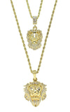 2pc Mighty Lion Cz Pendants Rope Chains Set 14k Gold Plated Necklaces
