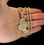 Praying Hands Cubic Zirconia Pendant 14k Gold Plated 24" Rope Hip Hop Necklace
