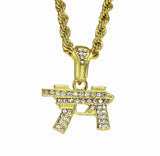 Mini Machine Gun CZ Pendant 14k Gold Plated 24" Rope Chain Necklace Hip Hop