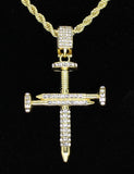 Mens Icy Nail Cross CZ Pendant 14k Gold Plated 24" Rope Chain Hip Hop Necklace
