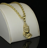 14k Gold Plated Praying Hands Pendant Cz 24" Rope Chain Hip Hop Necklace