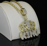 Iced Crown King Rhinestone Pendant 24" Rope Chain 14k Gold Plated HipHop Fashion