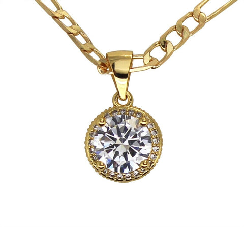 Womens Solitaire CZ Pendant with 20" Figaro Necklace 14k Gold Plated Jewelry