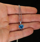 Womens Blue Ocean Heart Shaped CZ Pendant Stainless Steel Box Chain 20"Necklace
