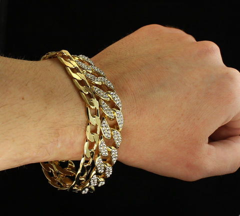 Mens 2pc CZ Bracelet Set Cuban Links 14k Gold Plated Hip Hop Fashion
