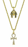 2pc Chain Set Pharaoh + Ankh Cz Pendants 14k Gold Plated Rope Necklace