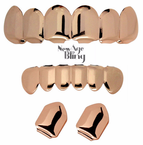 Custom Fit Rose Gold Plated Top & Bottom Grillz Caps + 2 Single Teeth Set Grill
