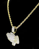 Icy Praying Hands Cz Pendant 14k Gold Plated 24" Rope Chain Hip Hop Necklace