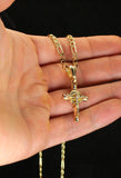 Mini Crucifix Pendant 14k Gold Plated 20" Figaro Chain Men Women Religious Chain