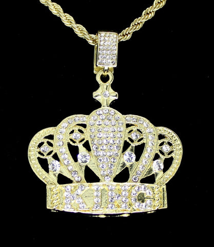 Mens Iced Crown CZ King Pendant 24" Rope Chain 14k Gold Plated Hip Hop Jewelry