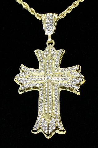 Large Iced CZ Cross Pendant Hip Hop Fashion 14k Gold Plated 24" Rope Chain