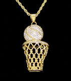 Basketball CZ Pendant Stainless Steel Gold Plated 24" Rope Never Fade/Tarnish