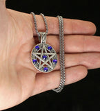 5 Star Pentagram Pendant Necklace 24" Stainless Steel Chain Blue Rhinestone