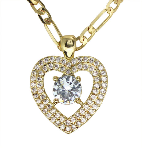 Womens Heart Double Row CZ Pendant 20" Figaro Necklace 14k Gold Plated Jewelry
