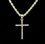 Thin Cubic Zirconia Cross Pendant 14k Gold Plated 24" Rope Chain HipHop Necklace