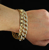 Mens 2pc CZ Bracelet Set Cuban Links 14k Gold Plated Hip Hop Fashion