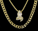 Praying Hands Set Cz Pendant 24" Rope & 30" Cuban Link 14k Gold Plated Chain