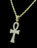 Icy Ankh Pendant 14k Gold Plated Cz w/ 24" Rope Chain Hip Hop Necklace