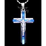 Crucifix Pendant Blue Silver Plated Cross Men Women 24" Ball Chain Necklace