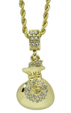 Mini Money Bag CZ Pendant Icy 14k Gold Plated 24" Rope Necklace Hip Hop