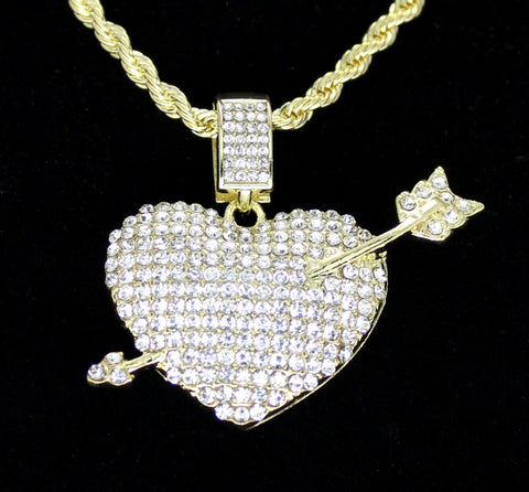Icy CZ Arrow Heart Pendant 14k Gold Plated 24" Rope Hip Hop Men Women Necklace