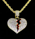 Icy Broken Heart CZ Pendant 14k Gold Plated 24" Rope Hip Hop Men Women Necklace