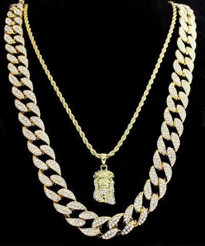 Mens 2pc Set CZ Jesus Piece 24" 30" Cuban/Rope Chains 14k Gold Plated Necklaces