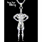 Weightlifter Bodybuilder Pose Pendant Necklace Stainless Steel 24" Chain