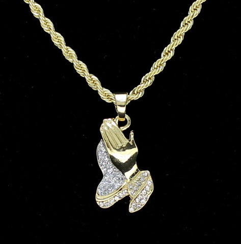 14k Gold Plated Praying Hands CZ Pendant 24" Rope Chain Hip Hop Necklace