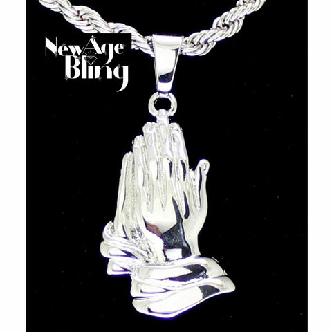 Silver Plated Praying Hands Pendant 24" Rope Chain Hip Hop Necklace