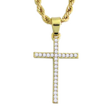 Thin Cubic Zirconia Cross Pendant 14k Gold Plated 24" Rope Chain HipHop Necklace