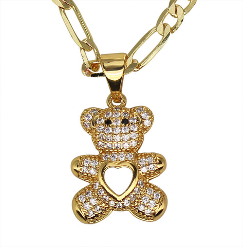 Small Teddy Bear CZ Pendant 20" Figaro Necklace 14k Gold Plated Womens Jewelry