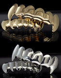 4 pc Fangs Grillz Gold & Silver Plated Set Top Bottom Teeth w/Molds Hip Hop