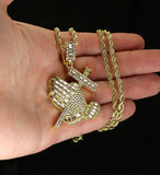 Praying Hands with Cross CZ Pendant 14k Gold Plated 24" Rope Hip Hop Necklace