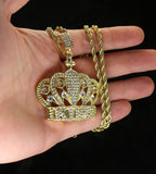 Mens Iced Crown CZ King Pendant 24" Rope Chain 14k Gold Plated Hip Hop Jewelry