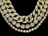 Iced 3pc Chain Set 14k Gold Plated 1 Row Cuban Cluster Cz Necklaces