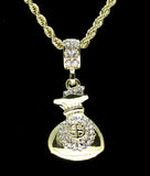 Iced Money Bag Pendant 14k Gold Plated 24" Rope Necklace