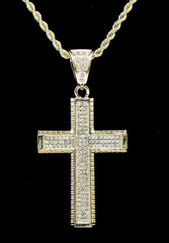 Iced Cross Pendant 14k Gold Plated Cz 24" Rope Chain Hip Hop Necklace