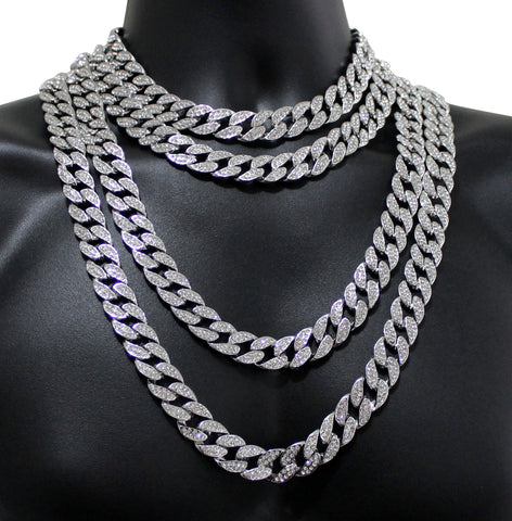 14k White Gold Plated Miami Cuban Link Iced Chain 16"-36" Choker Necklace